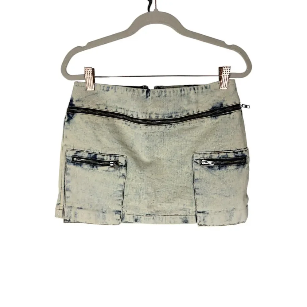 BY.DYLN Monica Jean Mini Skirt 90s Moto Edgy Streetwear Denim Acid Wash Size XS